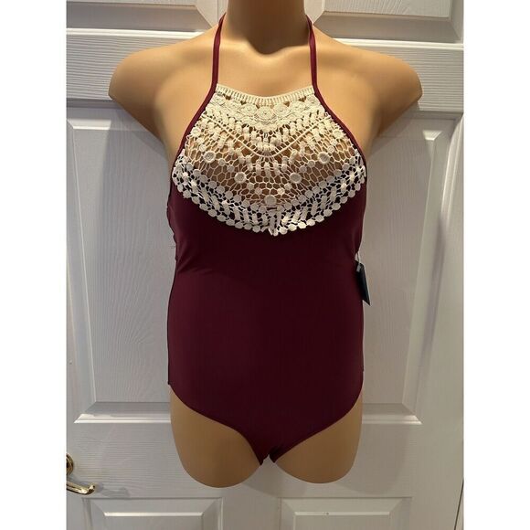 Cupshe Merlot Wine Burgundy Oxblood One Piece Boho Crochet Neckline Macrame - Picture 1 of 5